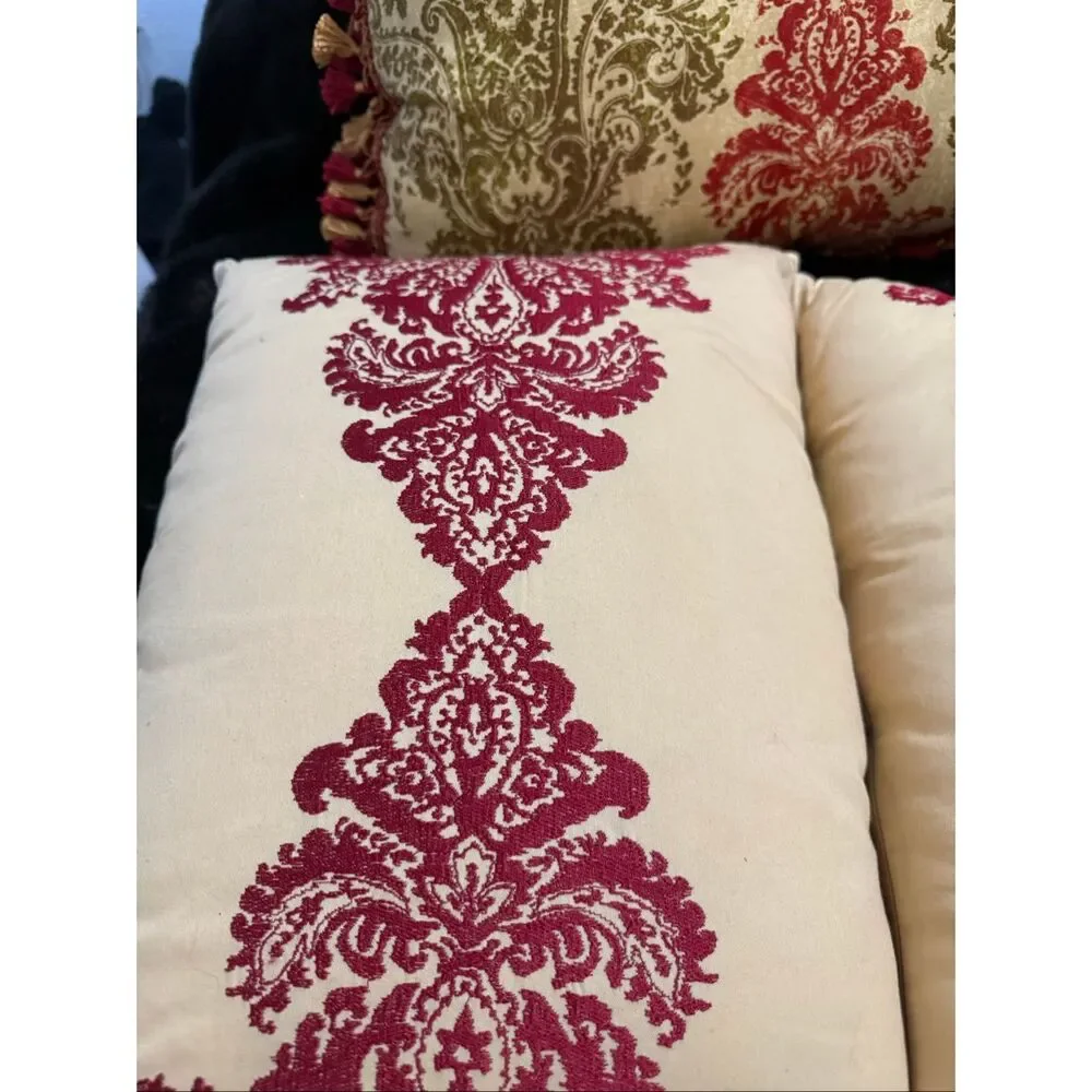Set of 3 Burgundy and Cream Damask Pillows waverly fringe tassels
